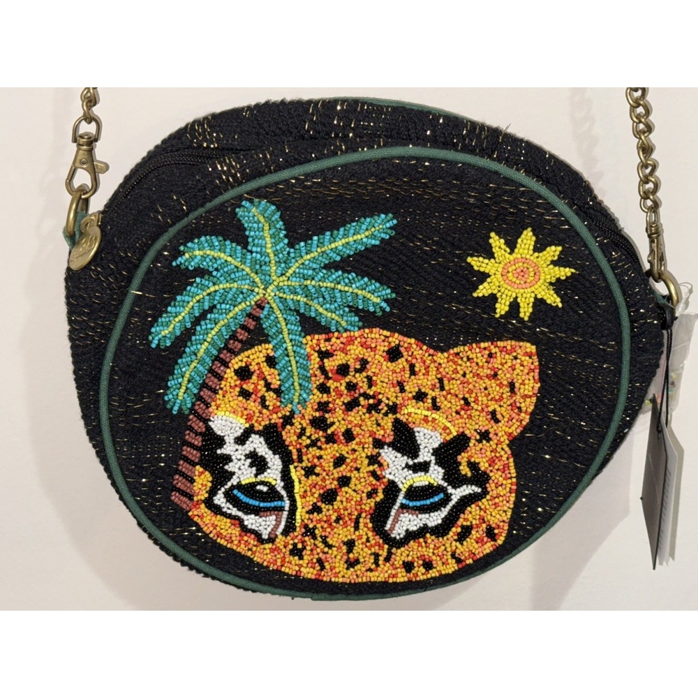 NWT America & Beyond Beaded Leopard Palm Tree Tropical Round Crossbody Bag Boho